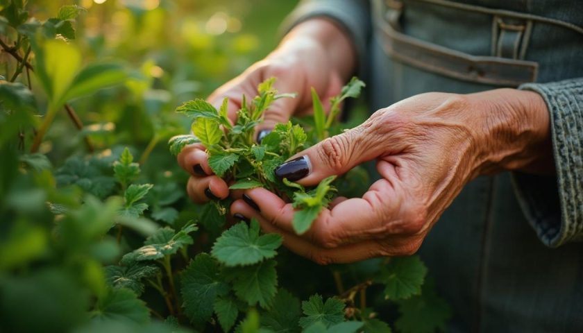 Les mains d'une personne âgée récoltent délicatement des plantes vertes dans la nature